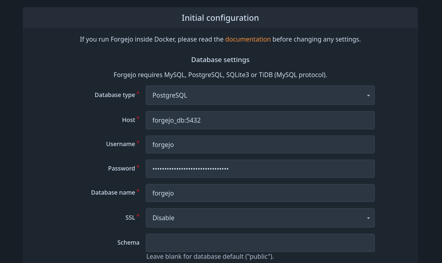 Schermata di configurazione iniziale di Forgejo