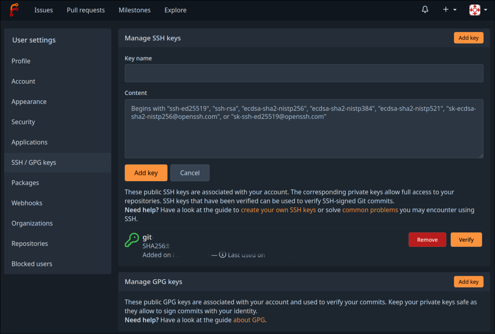 Impostazioni chiavi SSH in Forgejo