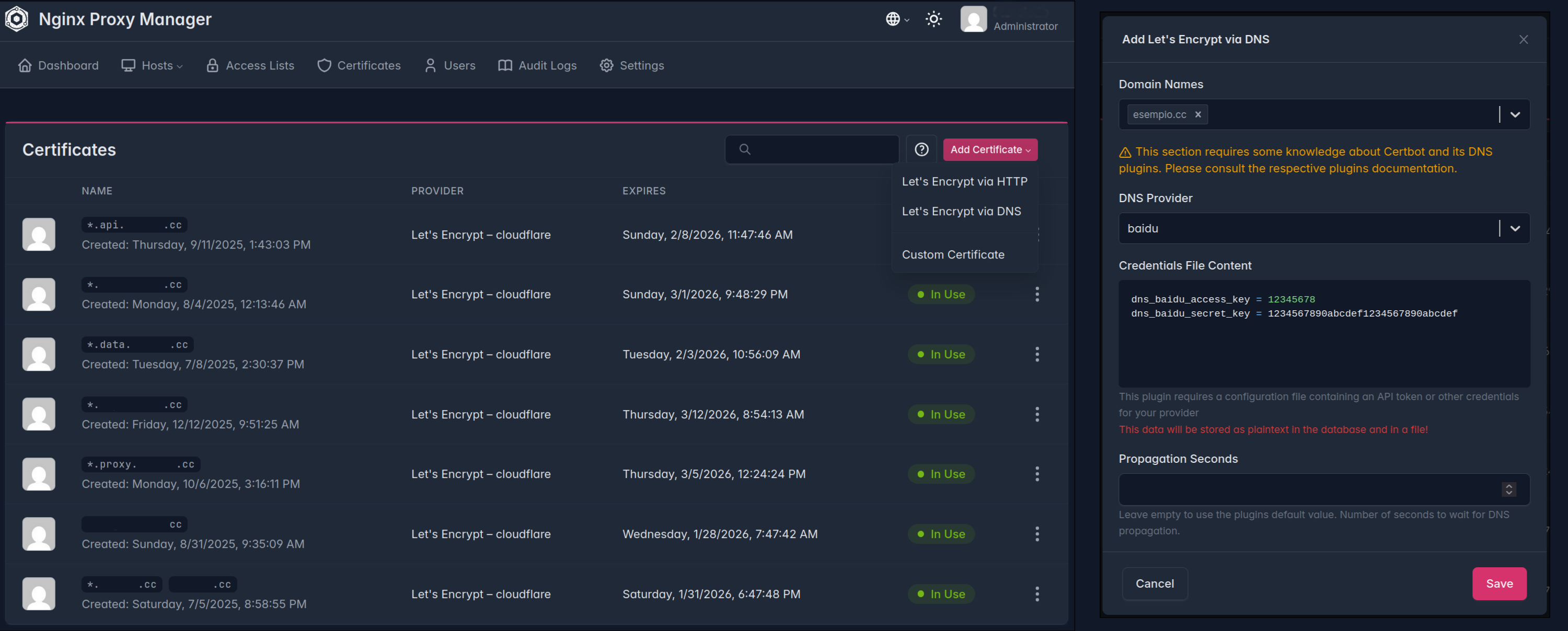 Interfaccia SSL Certificates