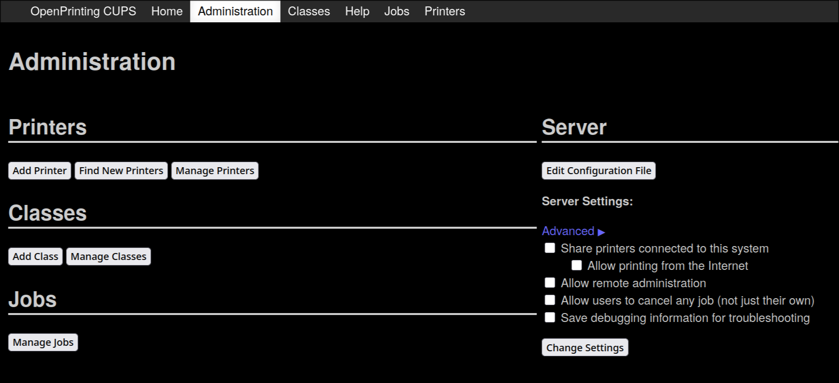 Pannello amministrazione in CUPS